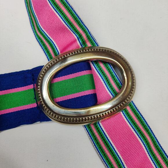 Lot of 2 Eliza B Colorful Reversible Striped Floral Ribbon Belt Silver Buckle OS - Picture 3 of 9
